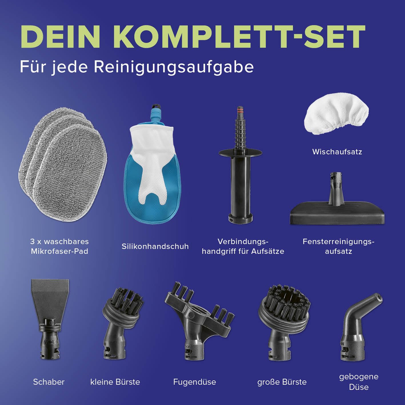 Dampfreiniger Handgerät - kraftvolles 100 °C Dampf Polsterreiniger Gerät, entfernt bis zu 99,9% Keime ohne Chemie | mit Dampfhandschuh, 7 Aufsätzen | 45 Min Laufzeit, 1 l Tank, 1200 Watt