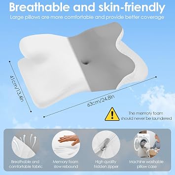 Memory Foam Pillow, Orthopedic Cervical Pillow, Pillows for Neck and Shoulder Pain or Sides, for Sides, Back and Stomach Sleepers - 63 x 41 cm x 9/12 cm