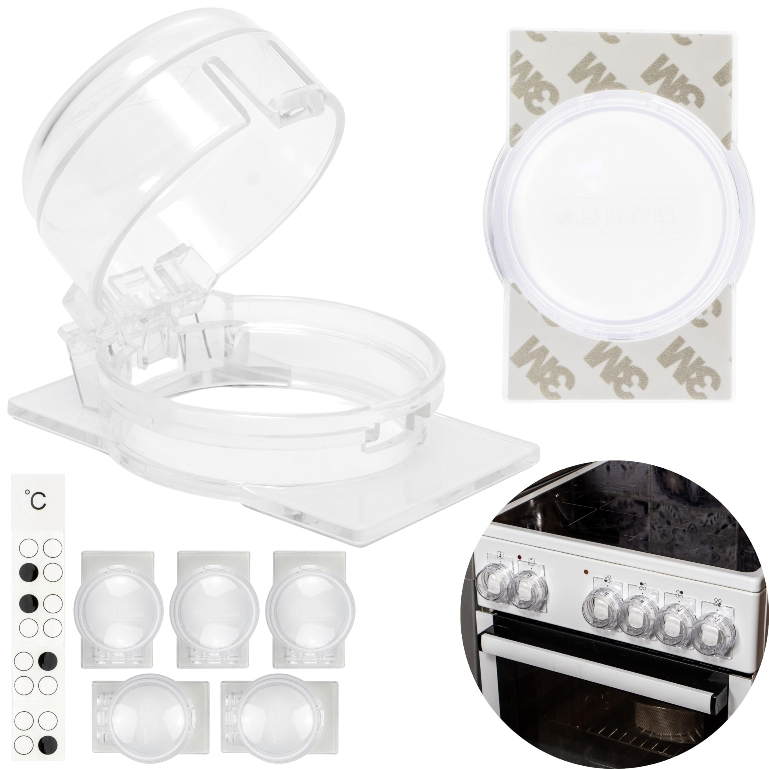 Herdknopf Kindersicherung, 6 Pack, Montage ohne Knopf Demontage, für max. Ø 4,9 cm und 4 cm hohe Herdknöpfe Schutz mit min. 6,1 cm Abstand Mitte-Mitte, transparenter Kleber, Herdschutz Baby Sicherung