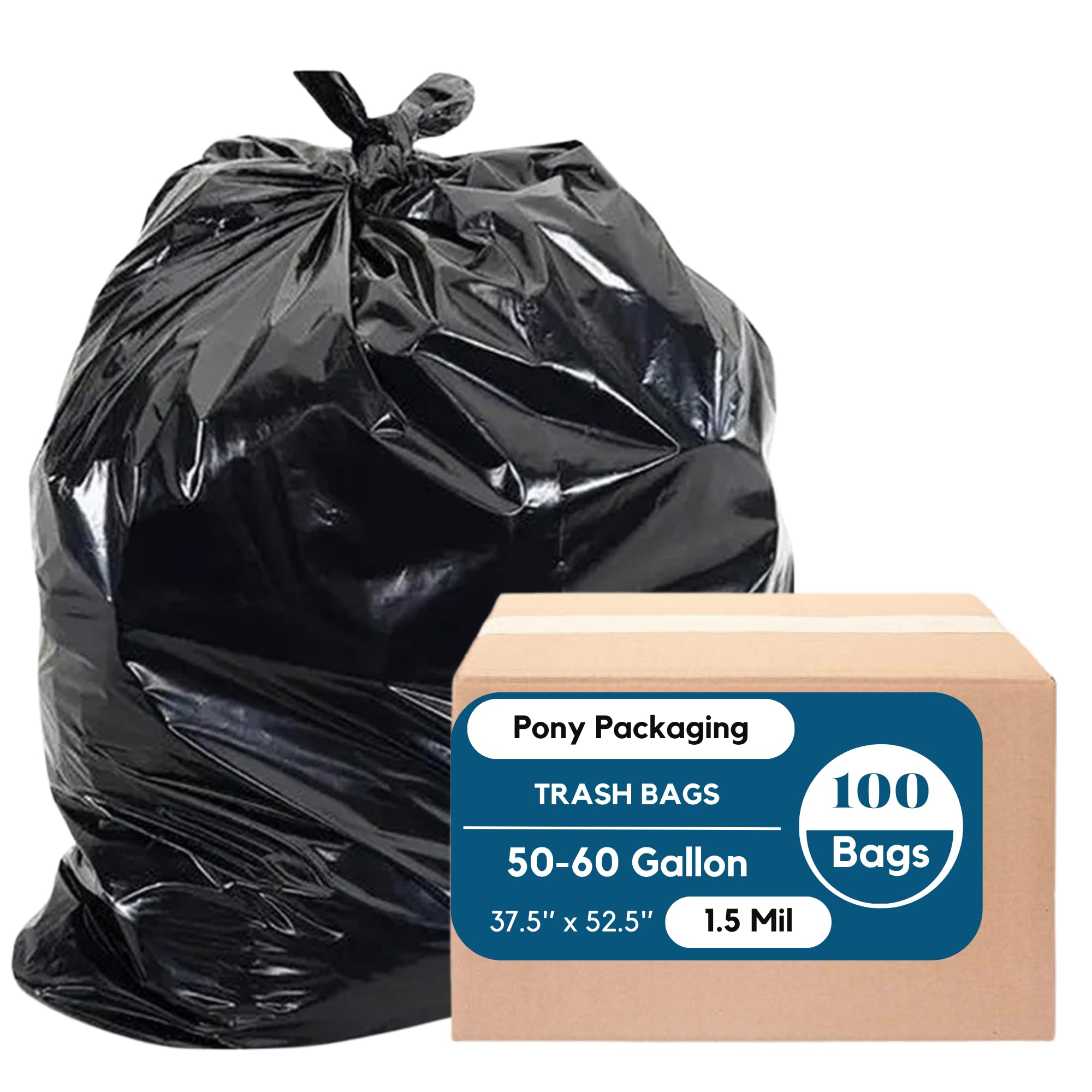 Trash Bags Heavy Duty | 100 Bags | Black Garbage Bags | 1.5 Mil | Made in USA (50-60 Gallon)