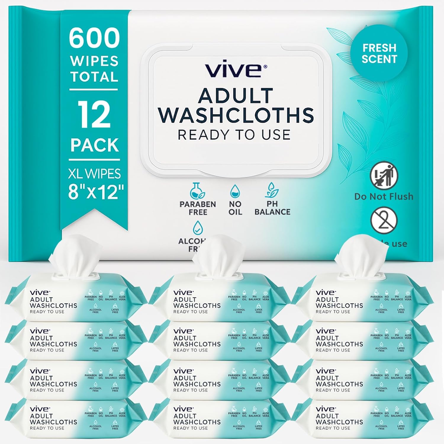 Vive Disposable Washcloths for Adults & Elderly (12 Pack - 600 Count - 8"x12") – Incontinence Wipes for Men & Women – Hypoallergenic No Rinse Adult Body Wipes for Sensitive Skin – Fresh Scent