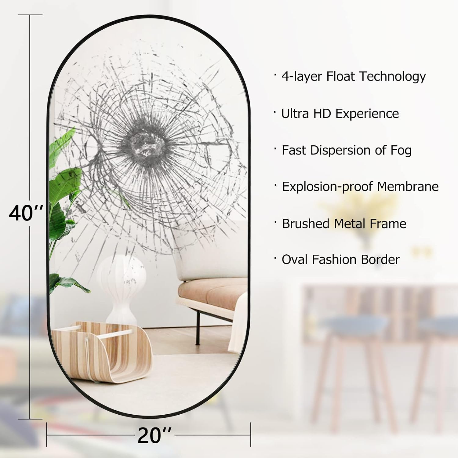 Muzilife Oval Wall Mirror for Bathroom, 20" x40'' Capsule Mirror Vanity Wall Mirror with Metal Frame, Hang Horizontally or Vertically for Entryway, Living Room, Bathroom, Black