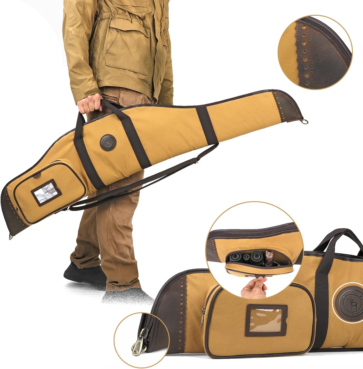 TOURBON Canvas Leather Rifle Bag 46 inch with Pocket, Soft Gun Case for 52" Shotgun with Adjustable Shoulder Strap, Padded Lining