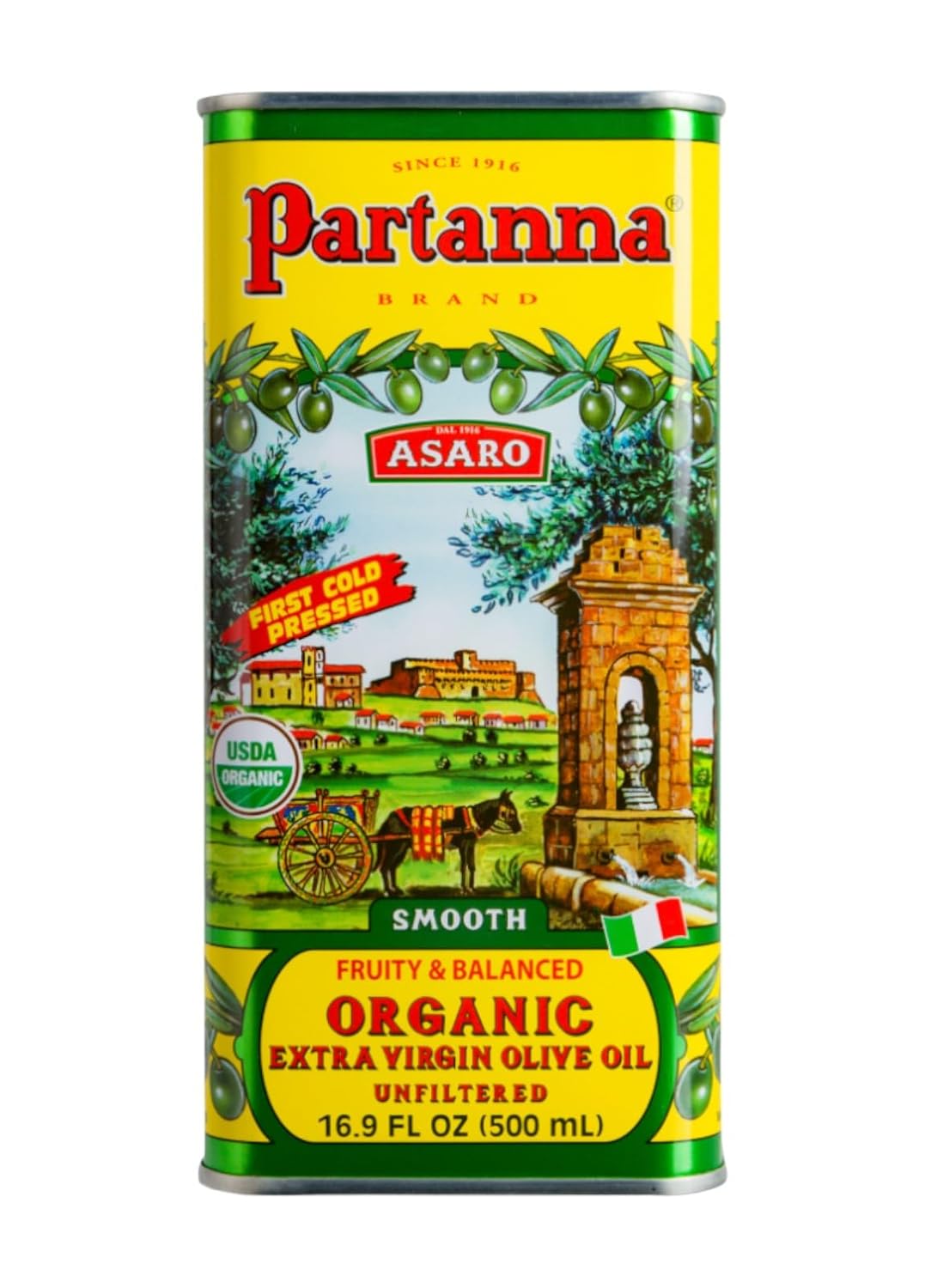 Partanna Organic Unfiltered Extra Virgin Olive Oil - Premium Organic Castelvetrano Oil Harvested in Sicily - Pure Authentic Italian - Monovarietal - Rich in Flavor and Tradition - 16.9 oz (500 ML) Tin