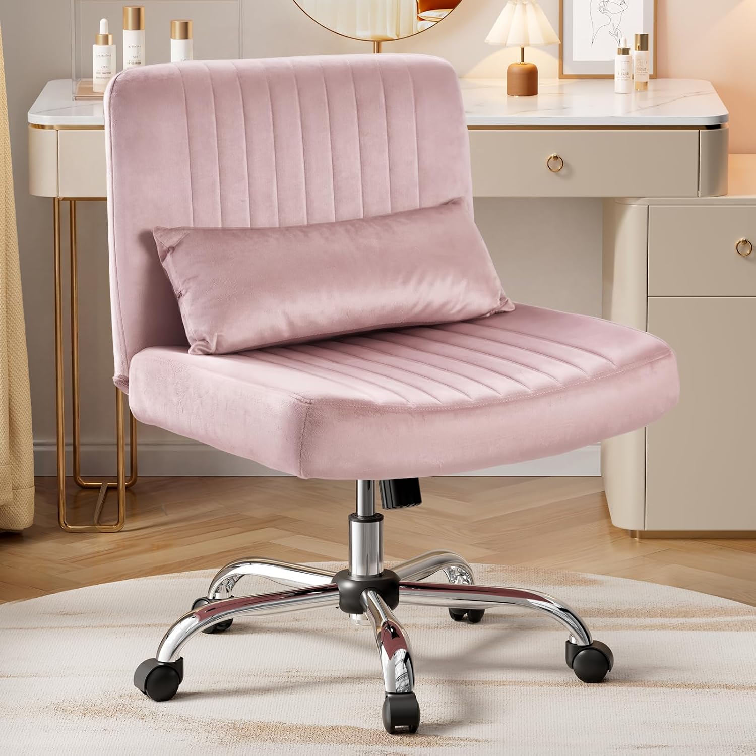 Velvet Criss Cross Chair with Wheels, Luxury Cross Legged Office Chair, Comfy Desk Chair for Home Office, Wide Seat Computer Chair, Armless Vanity Chair, Birthday Gift for Girls & Women, Pink