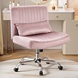Velvet Criss Cross Chair with Wheels, Luxury Cross Legged Office Chair, Comfy Desk Chair for Home Office, Wide Seat Computer Chair, Armless Vanity Chair, Birthday Gift for Girls & Women, Pink