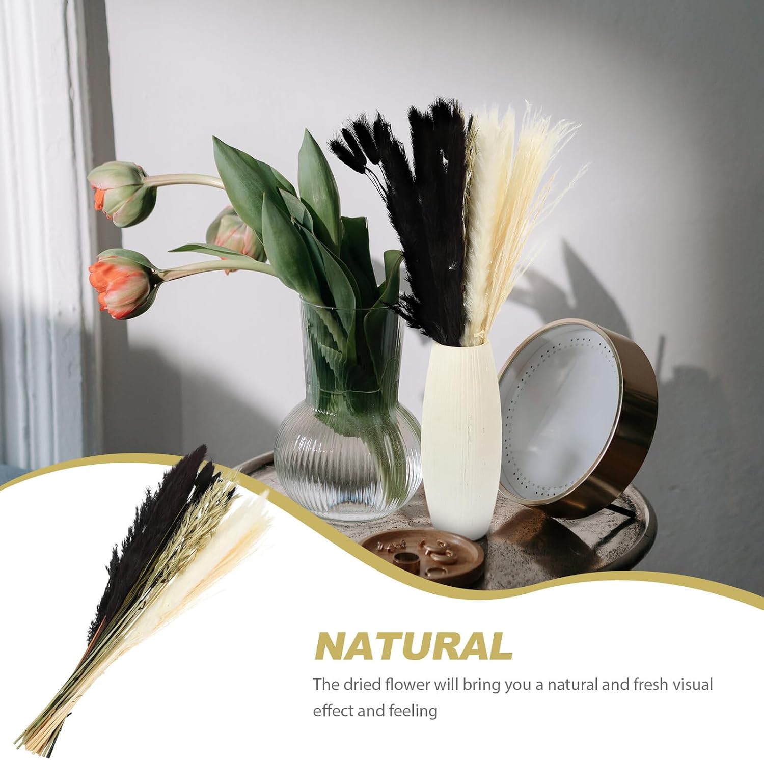 NUOBESTY Natural Dried Reeds Bouquet Pampas Flower Arrangement Home Decor Black Reed Set for Living Room Window Display Dried Floral Ornament