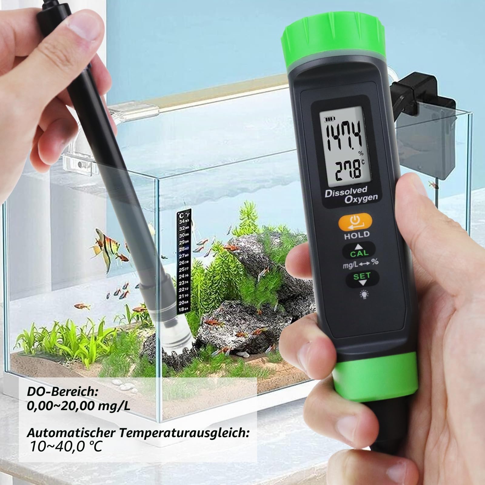 Digital Aufgelöst Sauerstoff Stifttyp Lang Kabel DO Meter ATC Wasser Qualität Prüfer mit Selbst Schwebend Sonde Lang Kabel Elektrode Und Niedrig Batterie Indikator