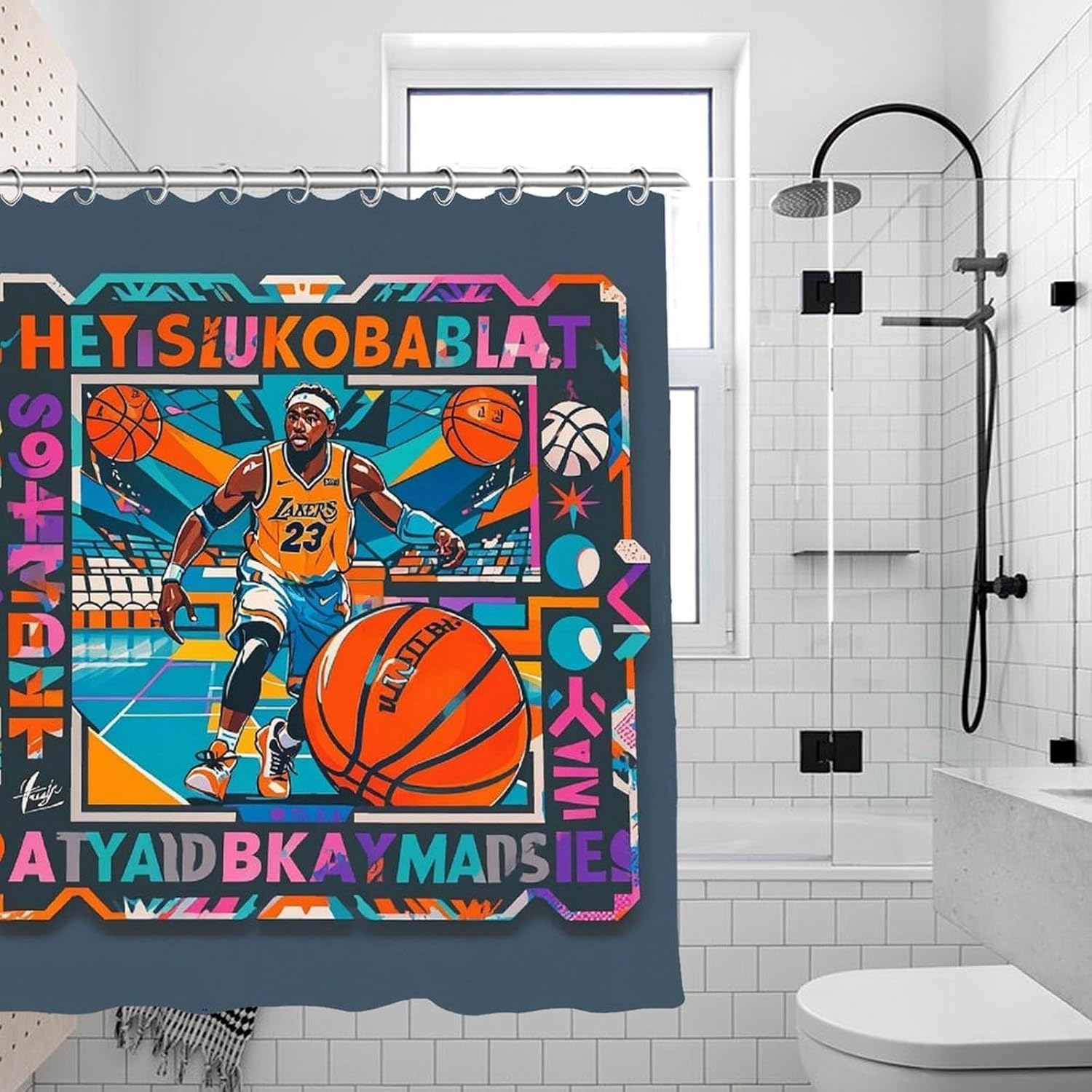 Cool Basketball Theme Shower Curtain with Hooks, Personalized Bath Curtain for Home, Washable Shower Liner for Hotel, Reusable Bath Curtains for Apartment, 70.8×70.8 Inches