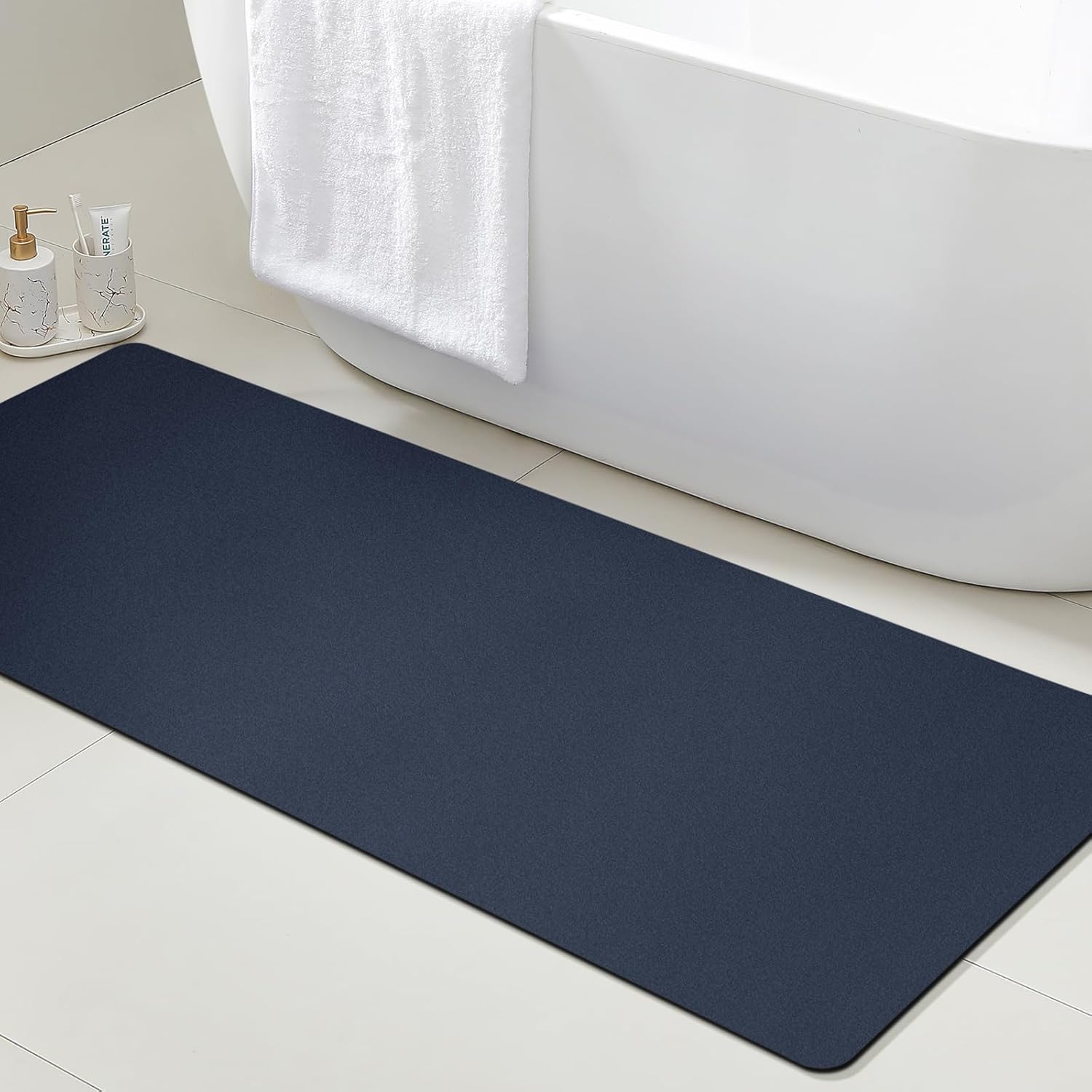 Ultra Thin Non-Slip Bath Mat Fit Under Door, Upgrade Backing Non Slip Bath Mat, Quick Dry Ultra Absorbent Bathroom Rugs, Machine Washable Bath Mats for Bathroom, Bathtub & Kitchen, Dark Blue, 59″x20″