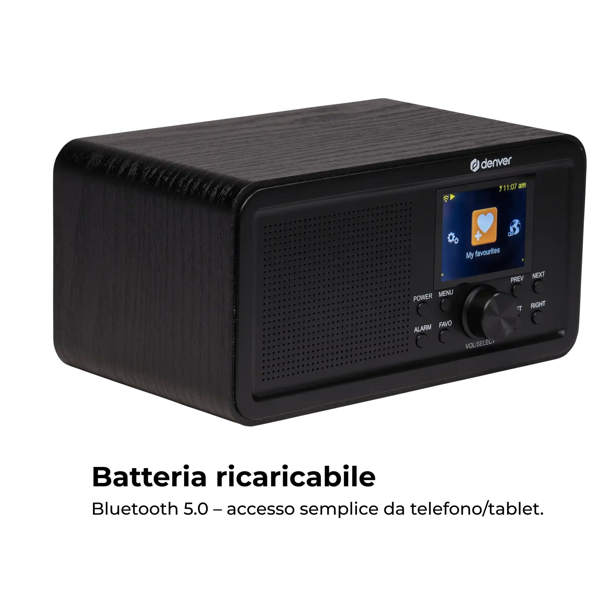 Denver DIR‑200 Smart radio internet compatta/DAB+ / FM con display a colori, Bluetooth & Dual Allarme - Alimentazione a batteria e alimentazione