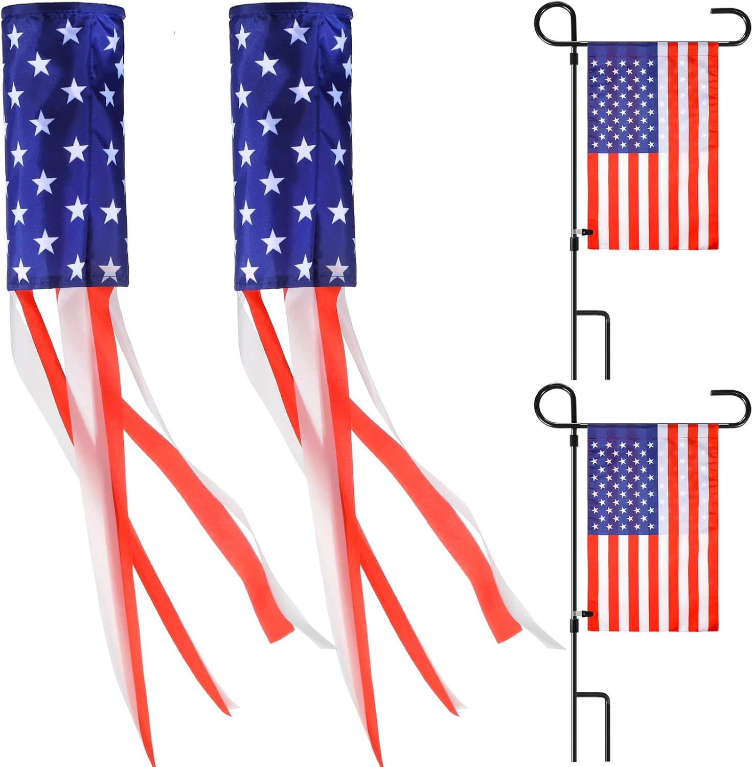 Boao 6 Pack 24 Inch American Flag Windsock, 12 x 18 Inch American Flag Garden Flag with Flag Stand 4th of July Decorations Independence Day Patriotic Decorative Yard Flags for Home Outdoor Decoration