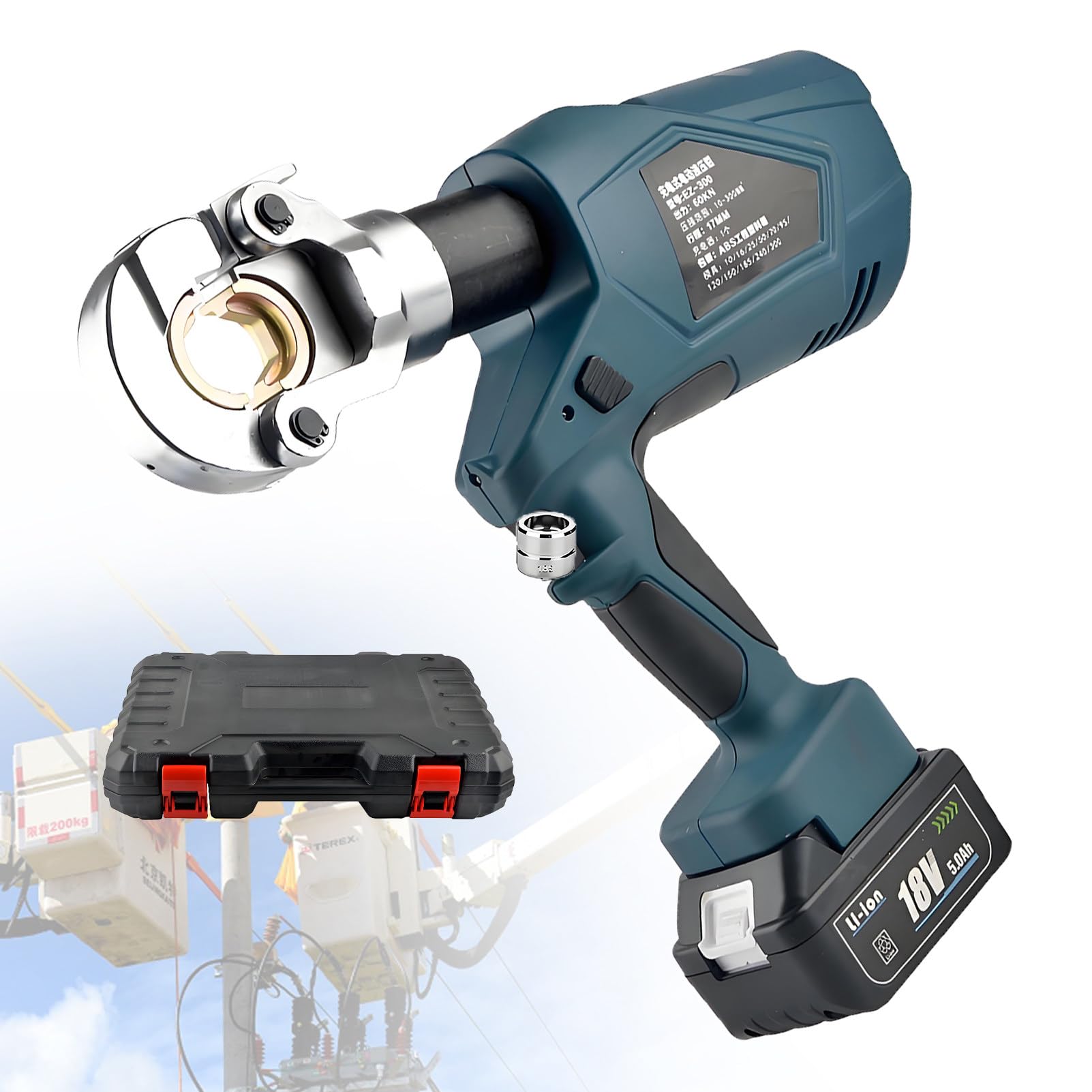 Elektryczno-Hydrauliczne Narzędzie do Zaciskania Końcówek Kablowych Akumulatorowe Zaciskarki Miedziane i Aluminiowe Zaciskarka Zasilana Akumulatorowo z Matrycami I 2 Bateriami EZ300