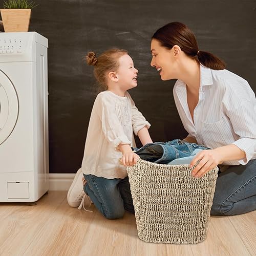 Miniatura 6 de Micsci Cesta de basura de mimbre, cesta de mimbre con asas integradas, cubo de basura tejido a mano, cubo de basura de mimbre para dormitorio, baño,