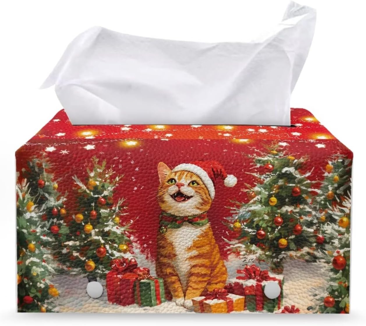 Happy Cat Tissue Box Cover Rectangle Christmas Leather Tissue Box Cover for Xmas Decor Home Tissue Holder Hotel Easy to Clean