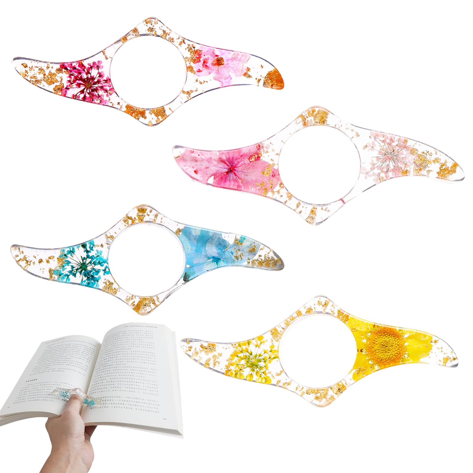 Daumenring Seitenhalter, 4 Stück Trockenblumen Buchseitenhalter Buchhalter Daumen Lesezeichen Transparent Buchöffner Lesezubehör handgefertigt Buch Seitenhalter aus Harz für Lehrer Buchliebhaber