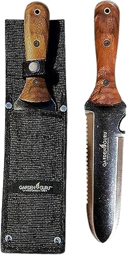 Garden Guru Hori Hori Juego de cuchillos de jardín supremo para deshierbar, cavar, podar y cultivar, hoja de espiga completa de acero inoxidable,