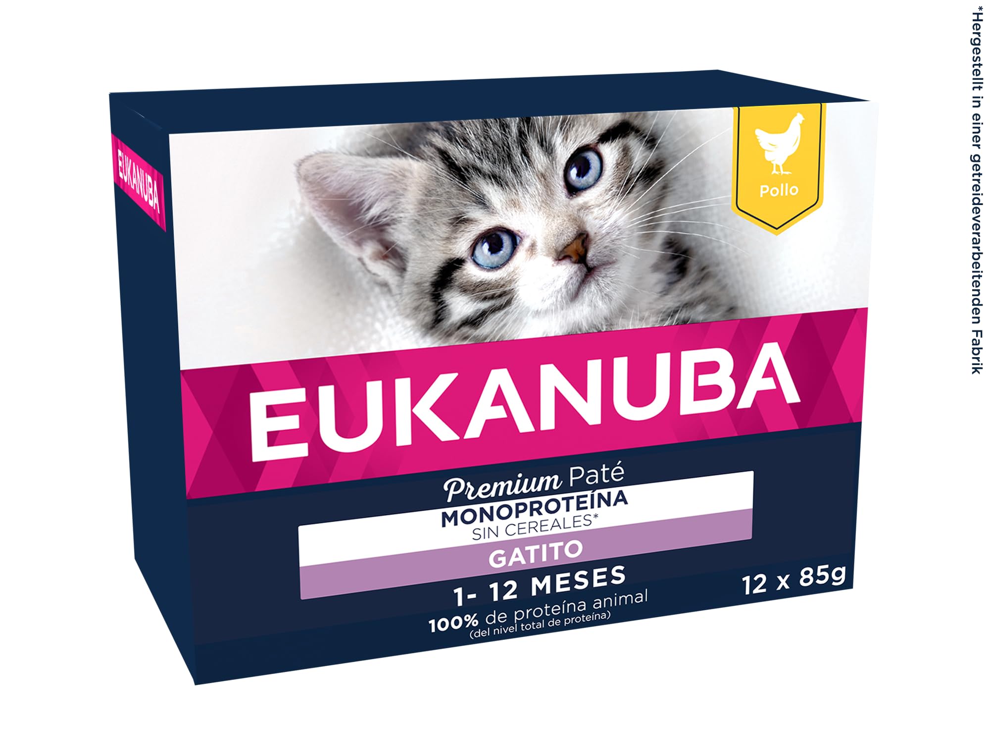 EUKANUBA Grain Free Alimento Húmedo para Gatitos en Crecimiento, Alimento Húmedo Premium Rico en Pollo para Gatitos, 12 x 85 g