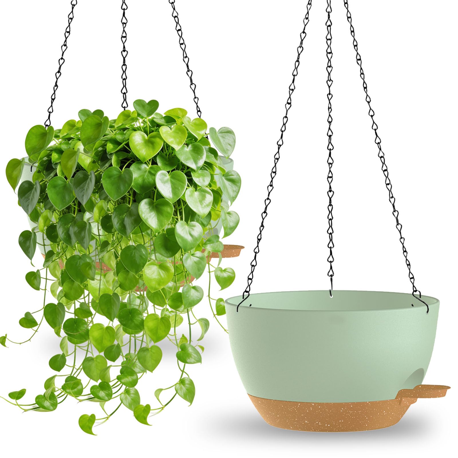 SQOKHT 30.48cm Hanging Planters for Indoor Outdoor Plants, 2 Pack Plastic Self Watering Hanging Baskets with Drainage Holes and Chain for Garden Porch (Green Brown)