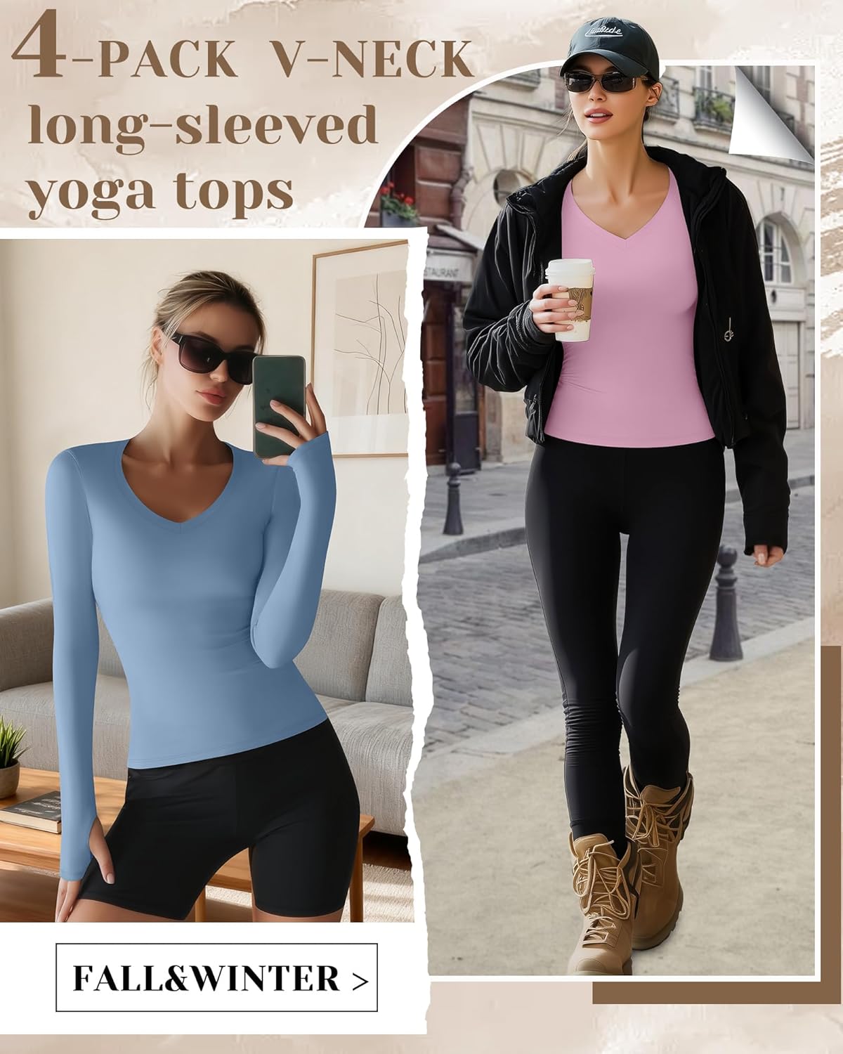 4 Pack Women's Compression Yoga Shirts with Thumb Holes Slim Fit Long Sleeve V Neck Tops Workout Gym Athletic Top - Image 6
