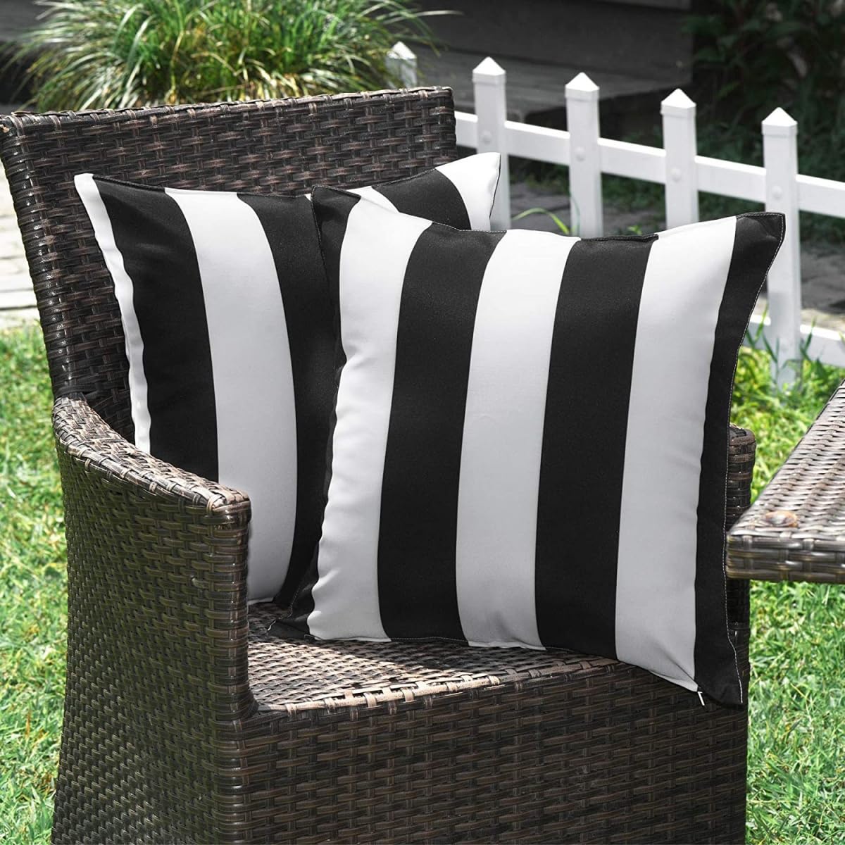 Hiseng Waterproof Outdoor Cushion Covers Set of 2 Modern Stripes Decorative Throw Pillow Cases Garden Cushion Cover Square Pillowcase for Sofa Chair Patio Furniture Decor (Black,18x18in)