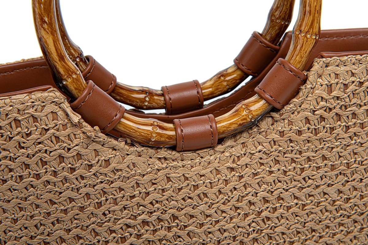 Small Resin Bamboo Handle Straw Tote Bag Summer Beach Purse For Women Vacation Top Handle Handbags