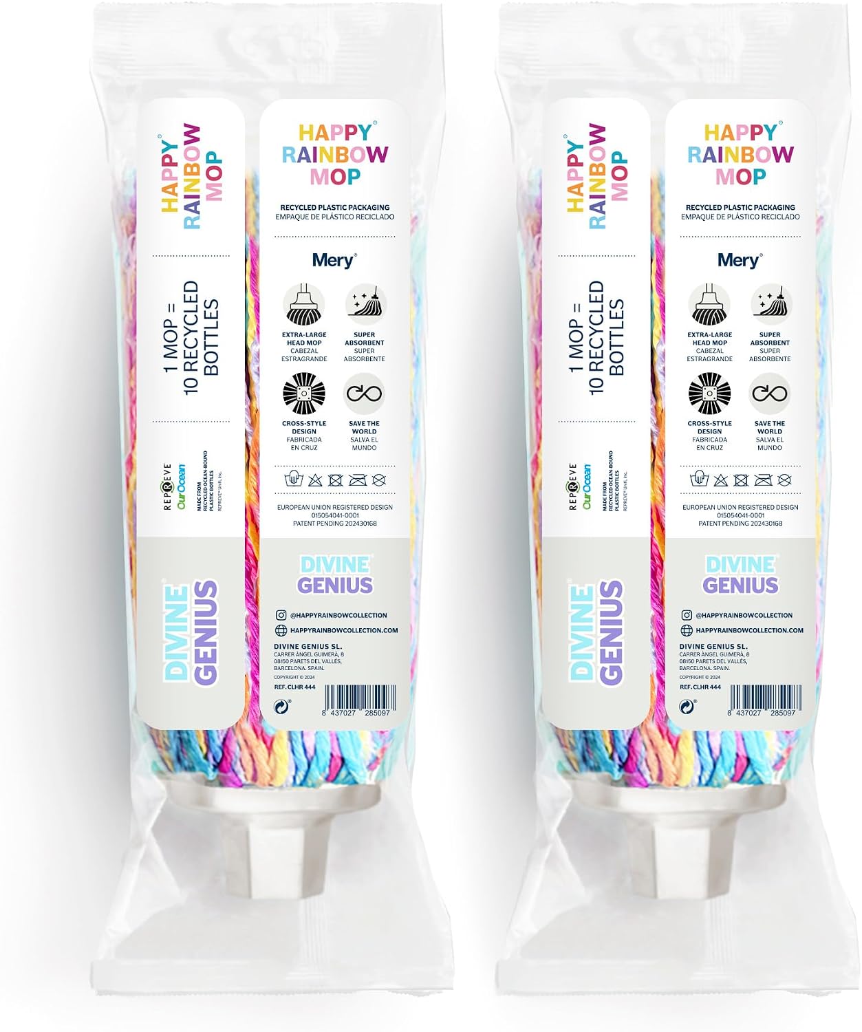 Happy Rainbow – Pack of 2 Super Absorbent Recycled Microfiber Mops with Universal Thread Extra Large Head 22 cm Sustainable and Resistant for Cleaning Floors and Home