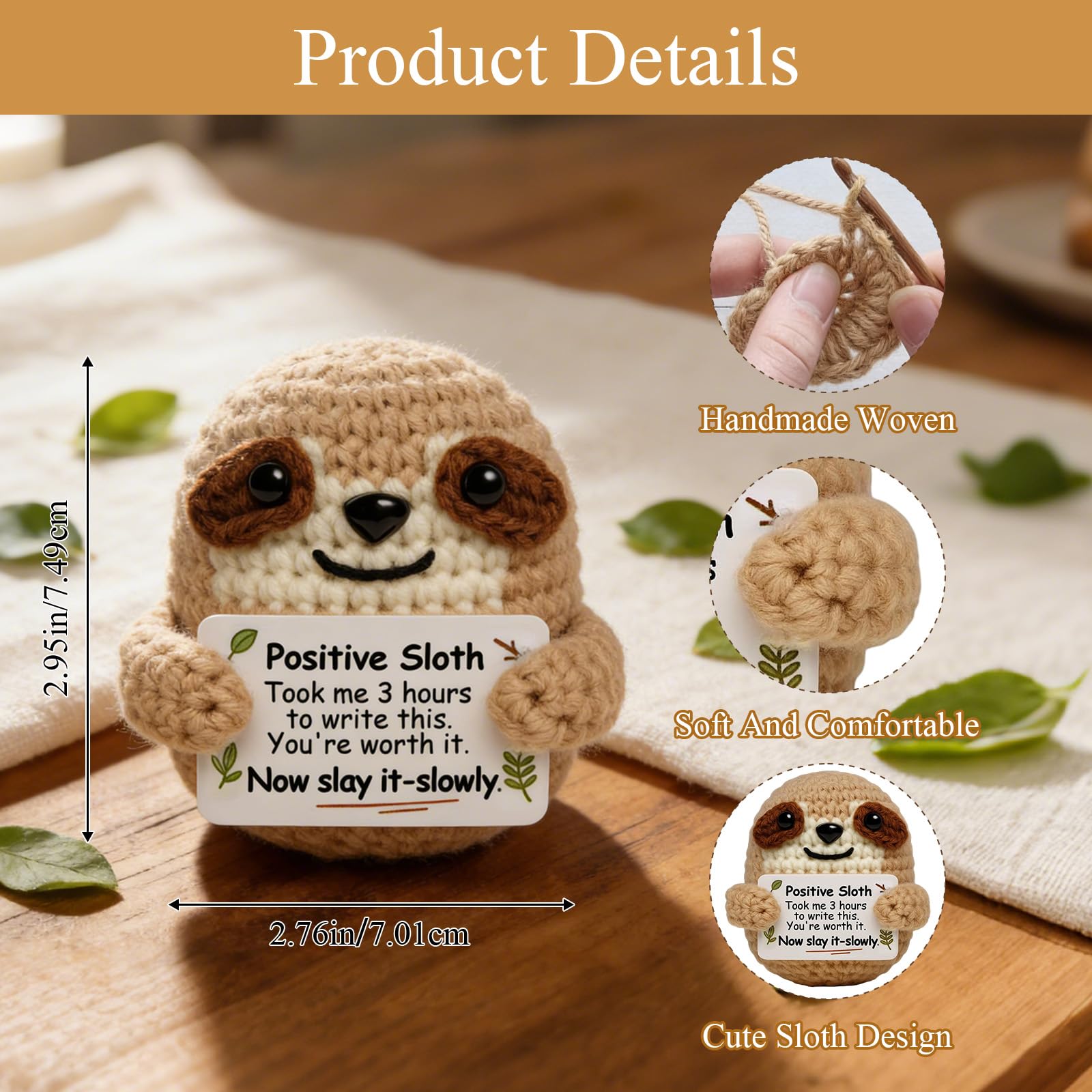 Nodrex Positive Crochet Sloth, Handmade Crochet Animal with Yarn and Cotton, Cute Emotional Support Gift - Image 2