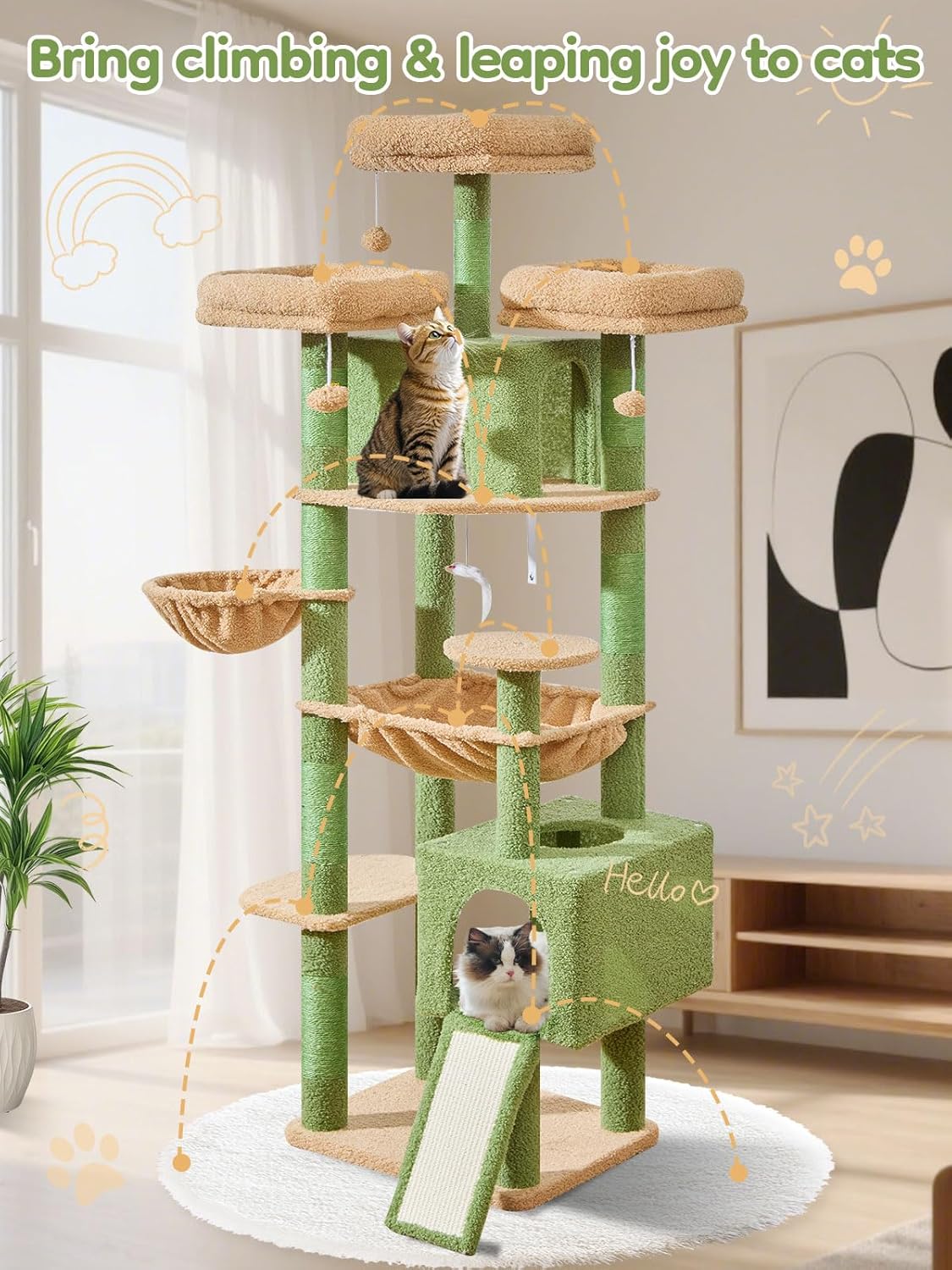 Taoqimiao 76-Inch Cat Tree XXL for Large Cats, Giant Cat Tower with Scratching Board, Extra-Large Metal Hammock, 3 Perches, 7 Sisal Posts, 2 Big Condos, Hanging Basket, Cactus, MS047T