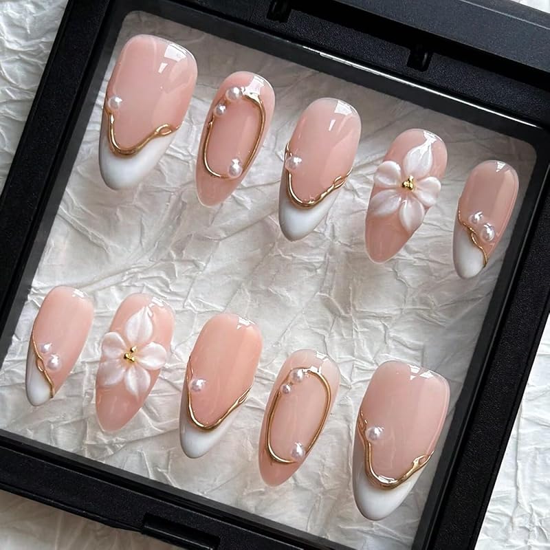 Press On Nails MAGLFELL Uñas postizas hechas a mano con forma de almendra, diseño floral y perla tallado en 3D, 10 piezas de uñas artificiales de acrílico reutilizables para salón (tamaño S)
