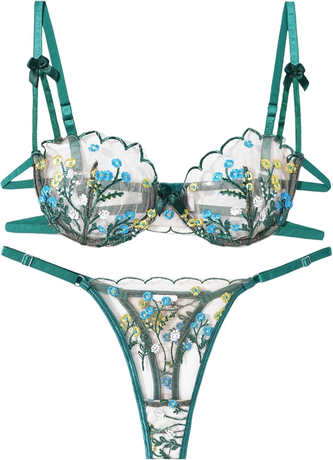 Women's Sexy Lingerie Set Floral Lace Embroidered Sheer Mesh V Neck Bra and Panty Babydoll Outfit