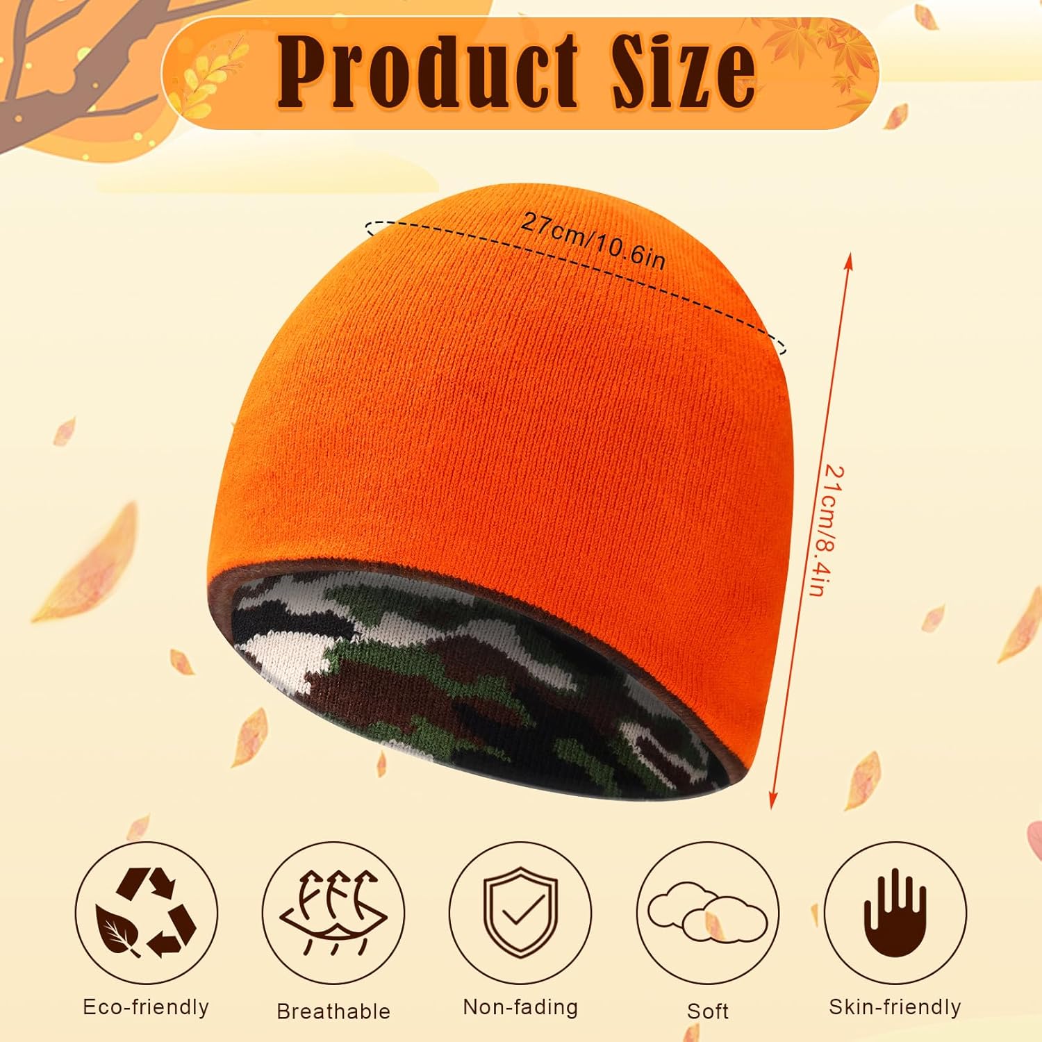 Orange Camo Beanie, Double Sided Skull Hat Knit Reversible Cap for Hunting Camouflage Outdoor Men Women - Image 2