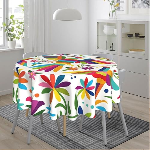 Miniatura 7 de Gianlaima Mantel redondo Otomi de flores mexicanas, diseño de pájaros mexicanos, impermeable, lavable, circular de 60 pulgadas para mesas de 20 a 47