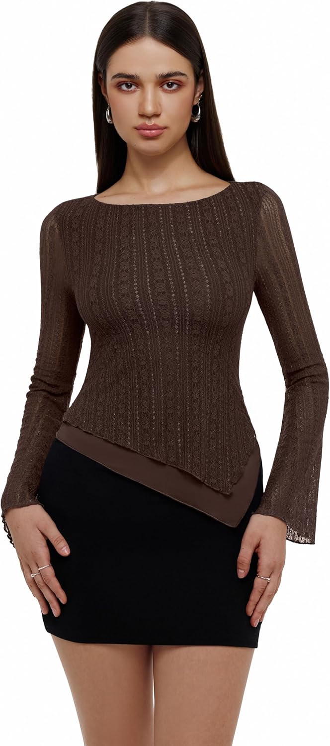 REORIA Women's Lace Mesh Boat Neck Bell Long Sleeve Tops Y2k Going Out Asymmetrical Tops 2025 Fall Fashion - Image 2