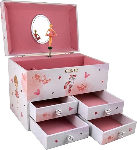 Miniatura 3 de The San Francisco Music Box Company Ballerina Friends - Cofre de joyería musical de 4 cajones con collar de bailarina de color plateado