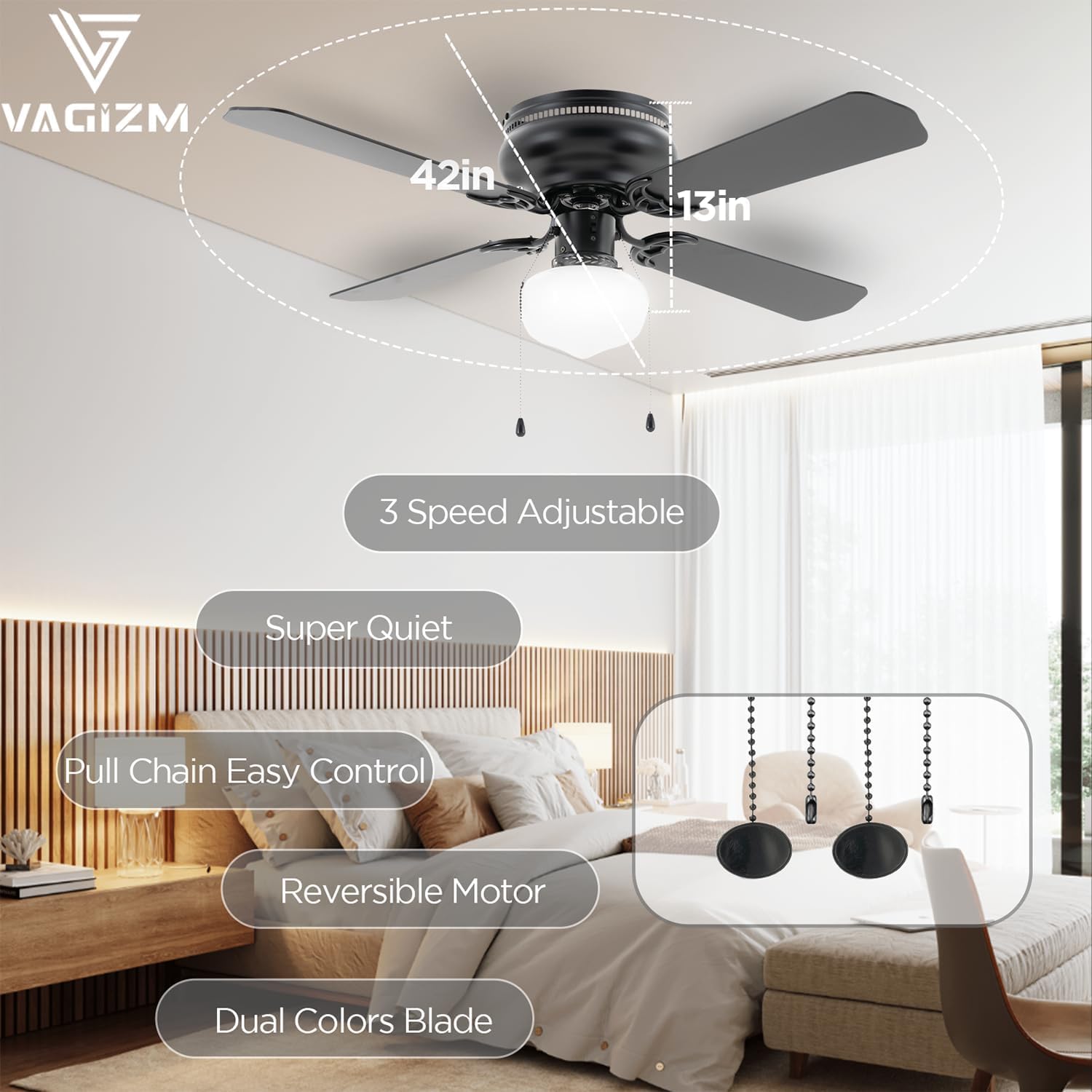 42 Inch Ceiling Fan Traditional: Flush Mount with LED Light - Pull Chain Control- Dual Finish Blades - Reversible for Bedroom, Home Office（Matte Black）