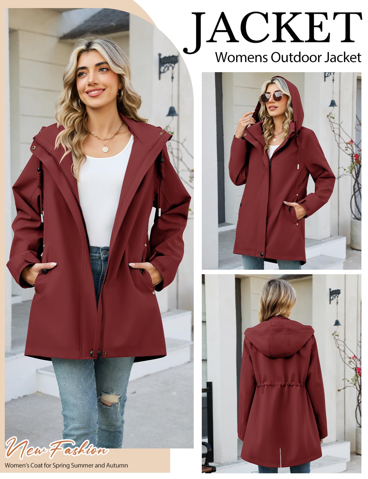 CMTOP Veste Femme mi Saison Softshell Imperméable, Coupe-Vent Parka à Capuche Amovible, Décontracté Longue Blouson Légère Manteau avec Poches pour Printemps et Automne