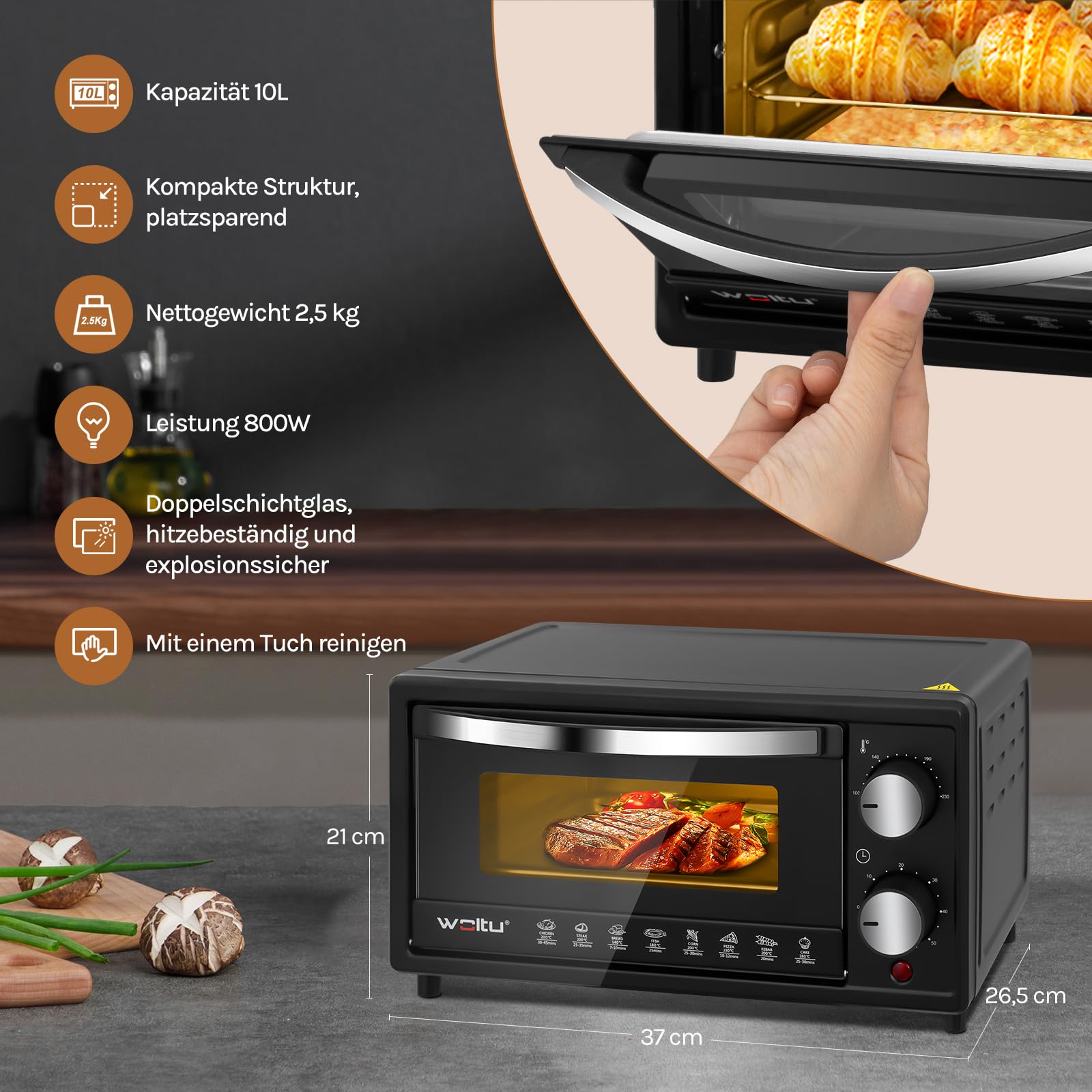 WOLTU Minibackofen 10 Liter, 800 Watt Toasterofen | Pizzaofen | Backblech mit Timer Mini Backofen für Pizza, Toast, Truthahn, Hot Dogs Schwarz