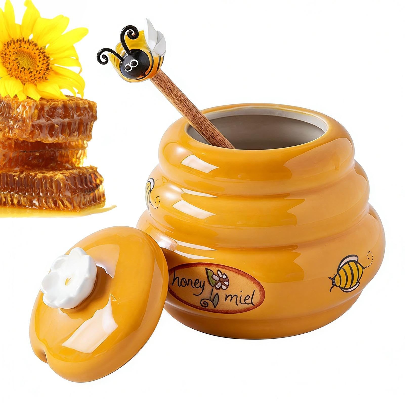 Muiltvoe Honey Dispenser - Ceramic Airtight Small with Dipper Lid | Honey Container with Dipper,for Syrup Sauce Home Kitchen Counter Pantry Office Dorm Farmhouse Restaurant Baking Cooking