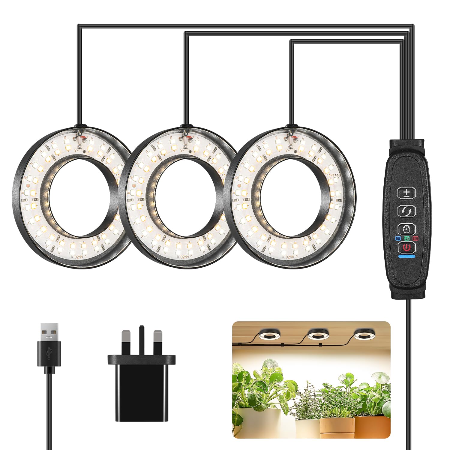 Full Spectrum Grow Light for Indoor Plants, Warm White 3 Head Black Angel Ring Ceiling and Under Cabinet Plant Lamp with 6/12/16H Timer, 10 Dimmable Levels and 3 Modes