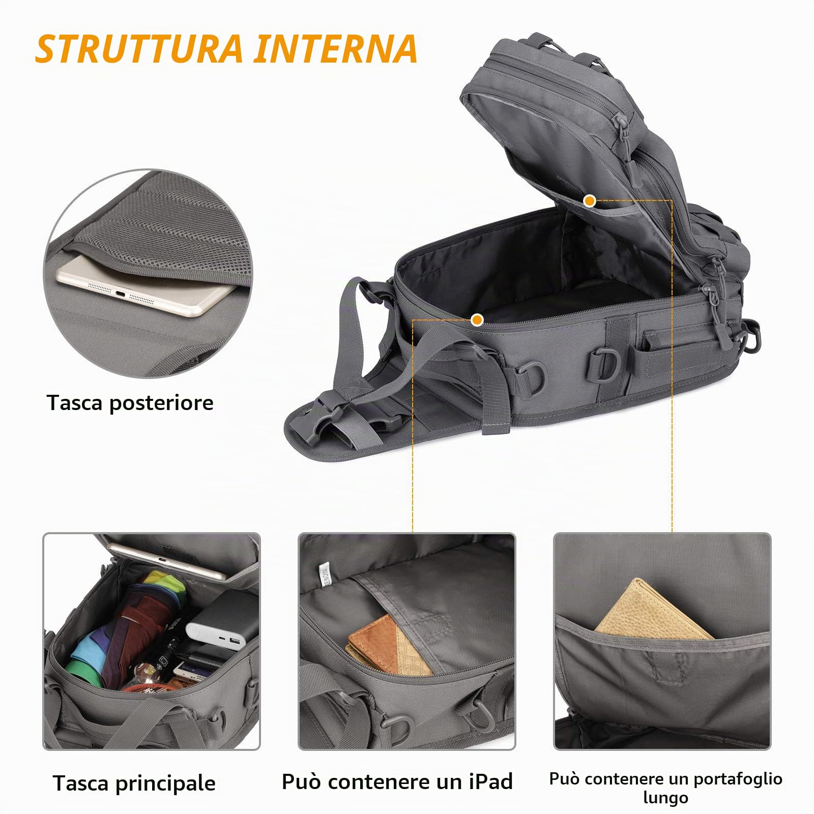HUNTVP Zaino Monospalla Uomo Tattico Borsa Petto Impermeabile Borsa a Tracolla Militare per Campeggio Escursionismo Ciclismo Viaggio, Type-3 Grigio