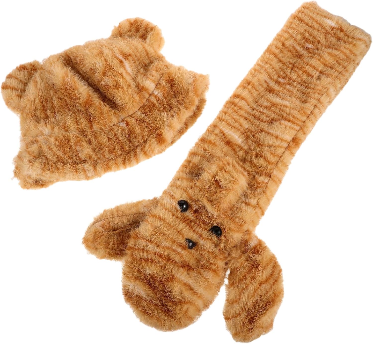 Plush Warm Hat and Scarf Set for Women, Cute Tiger Bucket Hat with Cat Ears and Soft Polyester Scarf, Versatile and Face-Flattering Winter Accessories for Cold Weather Light Brown
