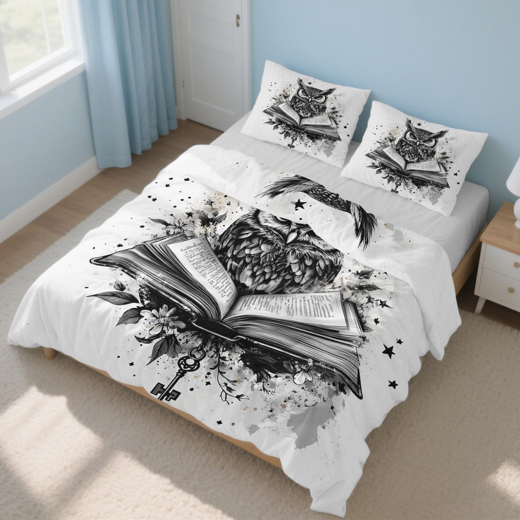 Housse de couette 220x240 hibou anti-glissement avec zip pour lit double deux personnes