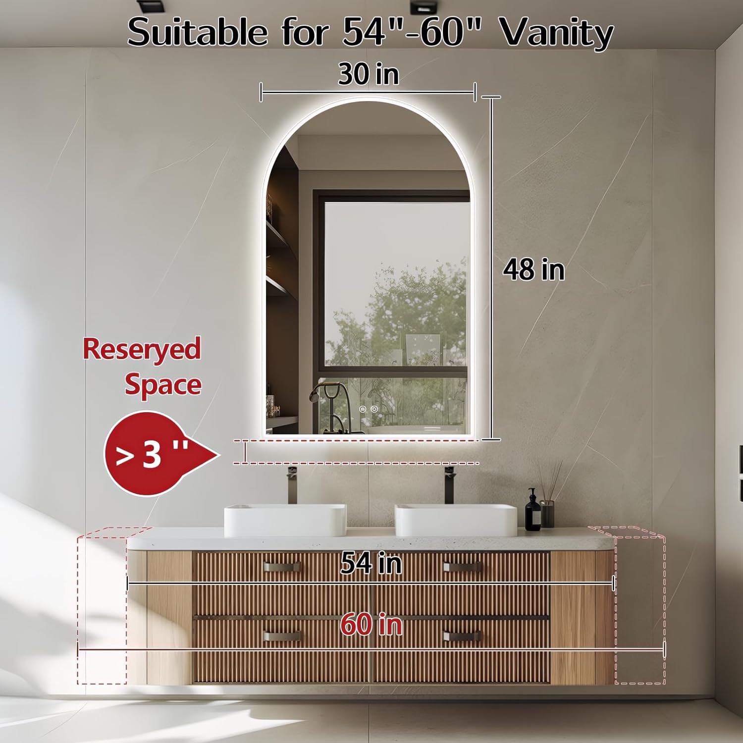 Niccy Arched LED Bathroom Mirror, 48"x30" Arch Frameless Frontlit & Backlit Mirrors for Wall, Arched Lighted Vanity Mirrors with Memory Function for Bathroom Bedroom, Defogger 3 Color, Explosion-Proof