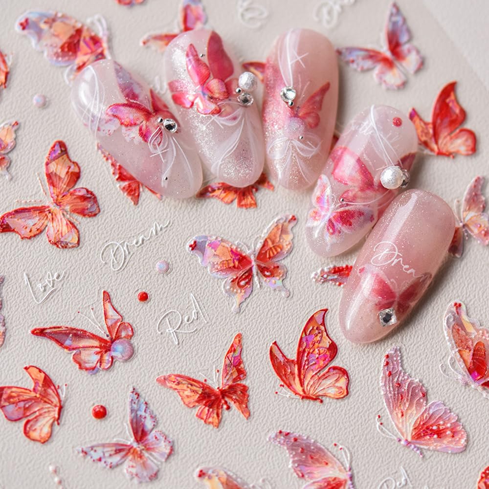 Embossed Nail Art Stickers 5D Red Butterfly Nail Decals for Women Girls Spring Adorable Salon DIY Acrylic Nails Design Supplies (Butterfly B)