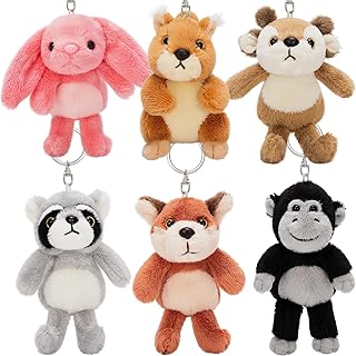 6Pcs Bulk Woodland Animal Stuffed Animal, 5" Raccoon Squirrel Fox Monkey Deer Bunny Plush Toy Keychain Pendants, Stuffed Forest Animals for Baby Shower Birthday Decor Backpack Charm