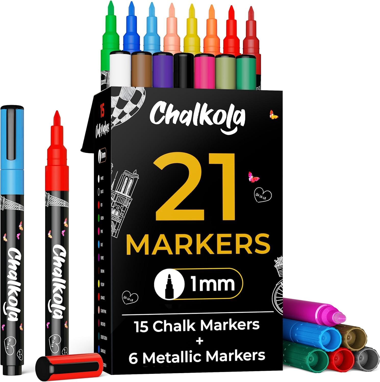 Chalkola 21 Kreidestifte für Tafel Abwaschbar - (21 Stifte 1mm, Kreidestift) | Kreidestifte für Fenster, Tafelkreide & Metallic Glasstifte, Chalk Marker, Kreidemarker Abwischbar, Fensterfarben Kinder