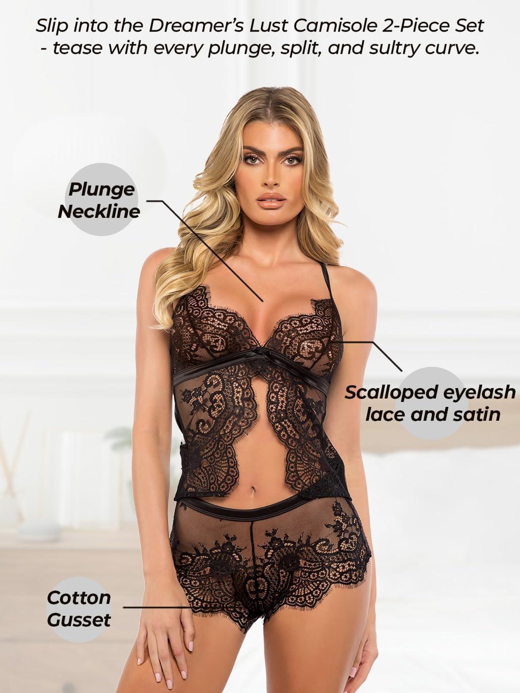 Roma Confidential Sexy Pajama Set for Women Dreamers Lust Cami and Shorts Lingerie Set in Satin & Lace Sleepwear PJs Black
