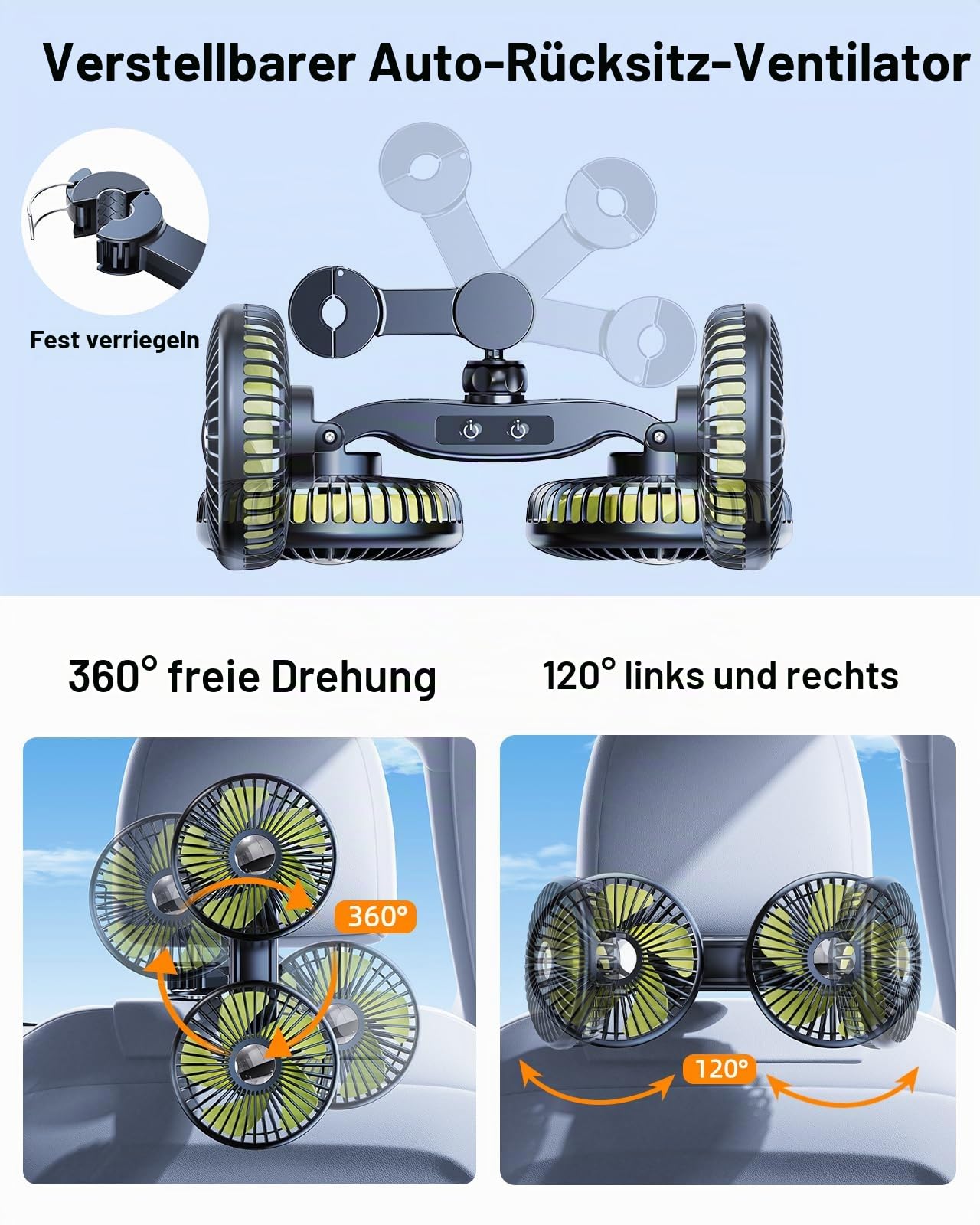 Akku Ventilator für Auto Rücksitz mit Einziehbarem Langem Arm, [Geschenk-Kfz Ladegerät & USB-C Kabel*1] 360° drehbar, 3 Geschwindigkeiten, separate Steuerung (Batterie)