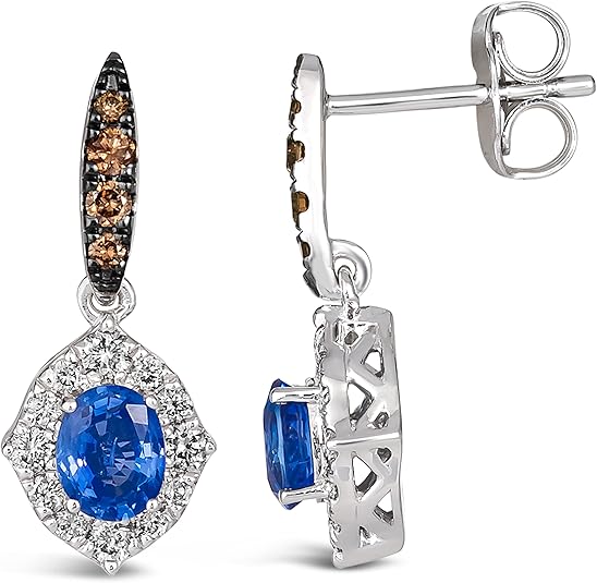 LE VIAN 1/3 Carat Diamond and 1/2 Carat Blue Sapphire Oval Halo Dangle Drop Earrings for Women in 14k White Gold (White/Fancy Brown, cttw) Halo Earrings with Push Backs